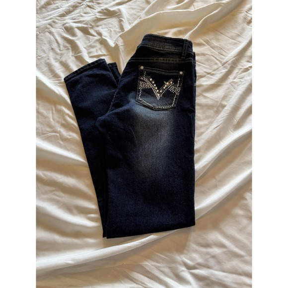 GIVE ME 5IVE Jeans Women's Size 11 Stretch Blue Denim Jeans Rhinestone‎ Studded - Picture 1 of 13